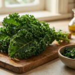 Un bouquet de chou frisé frais sur une planche à découper, avec de l'huile, de l'ail et du citron à côté d'un bol de chou préparé.