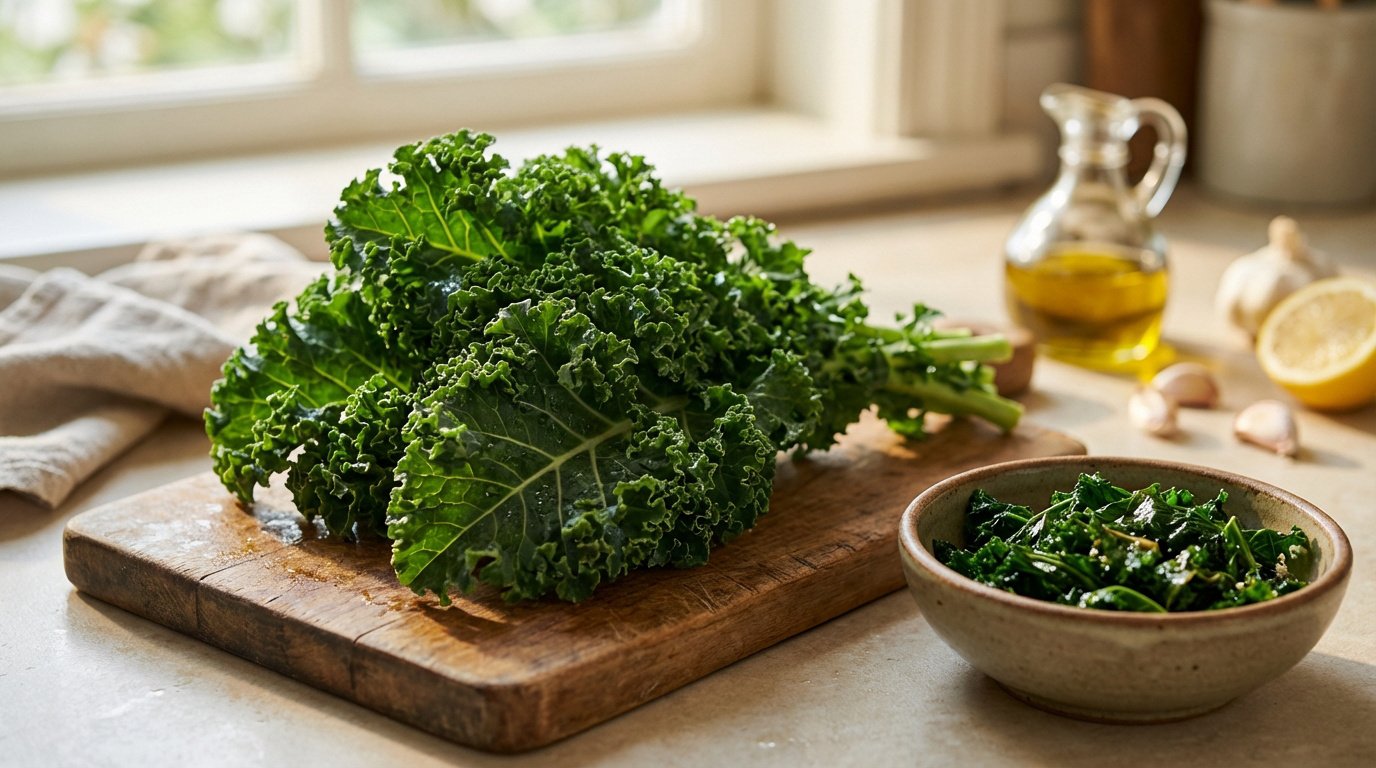 Un bouquet de chou frisé frais sur une planche à découper, avec de l'huile, de l'ail et du citron à côté d'un bol de chou préparé.