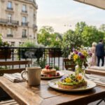 Terrasse de café parisienne offrant un brunch composé de pancakes aux fruits, toast avocat et boisson fumante. Arrière-plan urbain.