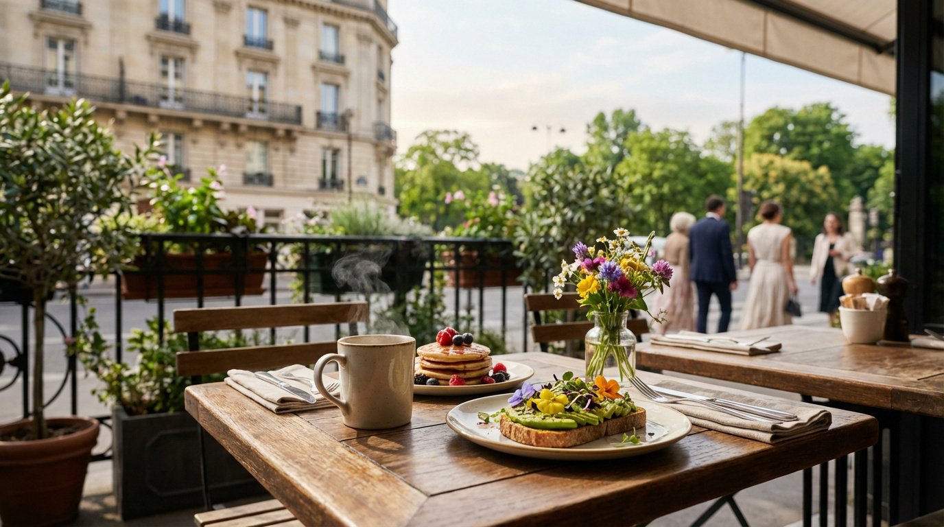 Terrasse de café parisienne offrant un brunch composé de pancakes aux fruits, toast avocat et boisson fumante. Arrière-plan urbain.
