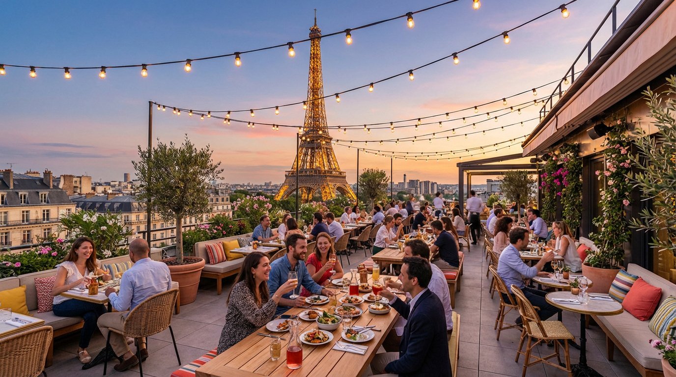 Vue panoramique d'un restaurant en rooftop à Paris au coucher du soleil. Des convives dînent avec la Tour Eiffel illuminée.