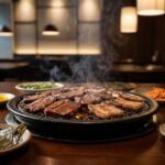 Viandes de barbecue coréen grillant sur un brasero central entouré de divers banchan, dans un restaurant chaleureux.