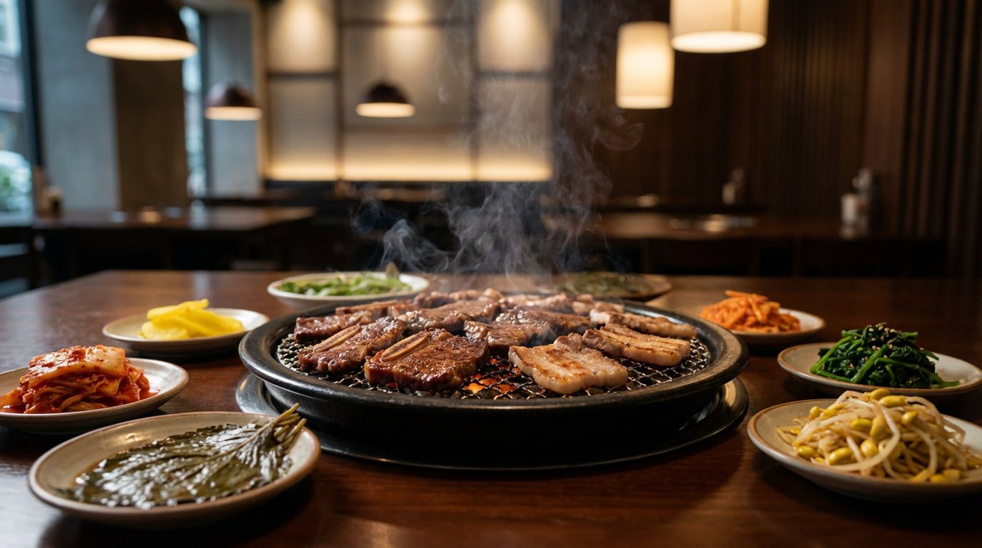 Viandes de barbecue coréen grillant sur un brasero central entouré de divers banchan, dans un restaurant chaleureux.