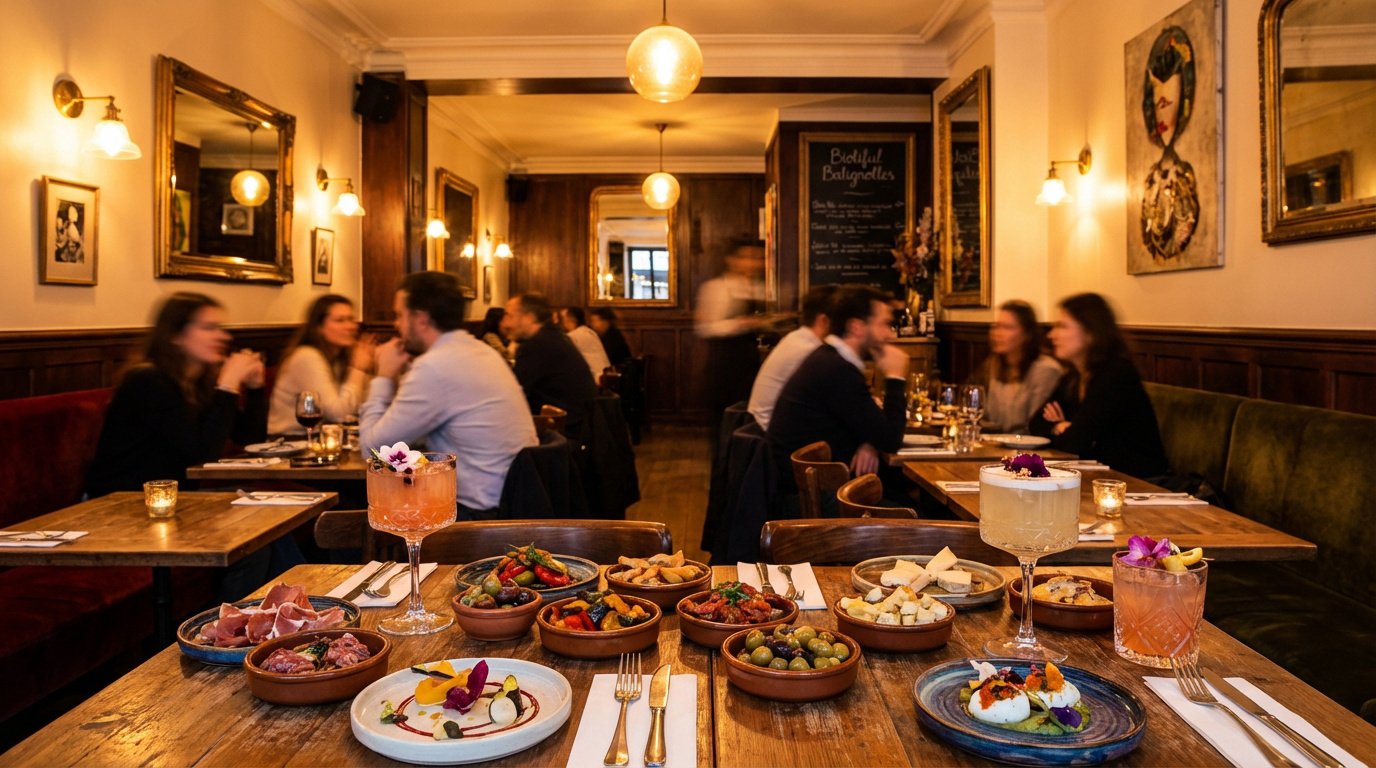 Restaurant Biotiful Batignolles. Table avec tapas variés, cocktails. Clients en discussion, ambiance chaleureuse, lumières tamisées.