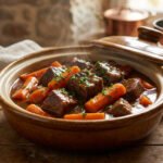 Plat de bœuf carottes fumant dans une cocotte en terre cuite. Morceaux de viande et carottes sur table en bois avec ustensiles.
