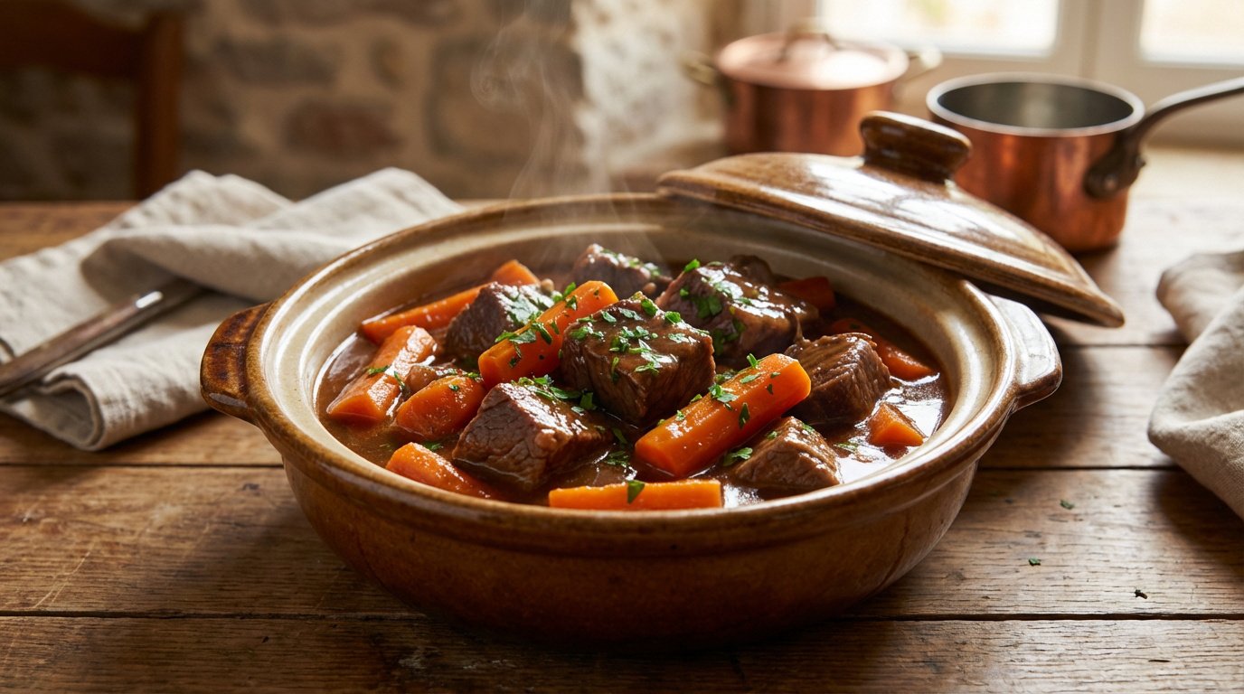 Plat de bœuf carottes fumant dans une cocotte en terre cuite. Morceaux de viande et carottes sur table en bois avec ustensiles.