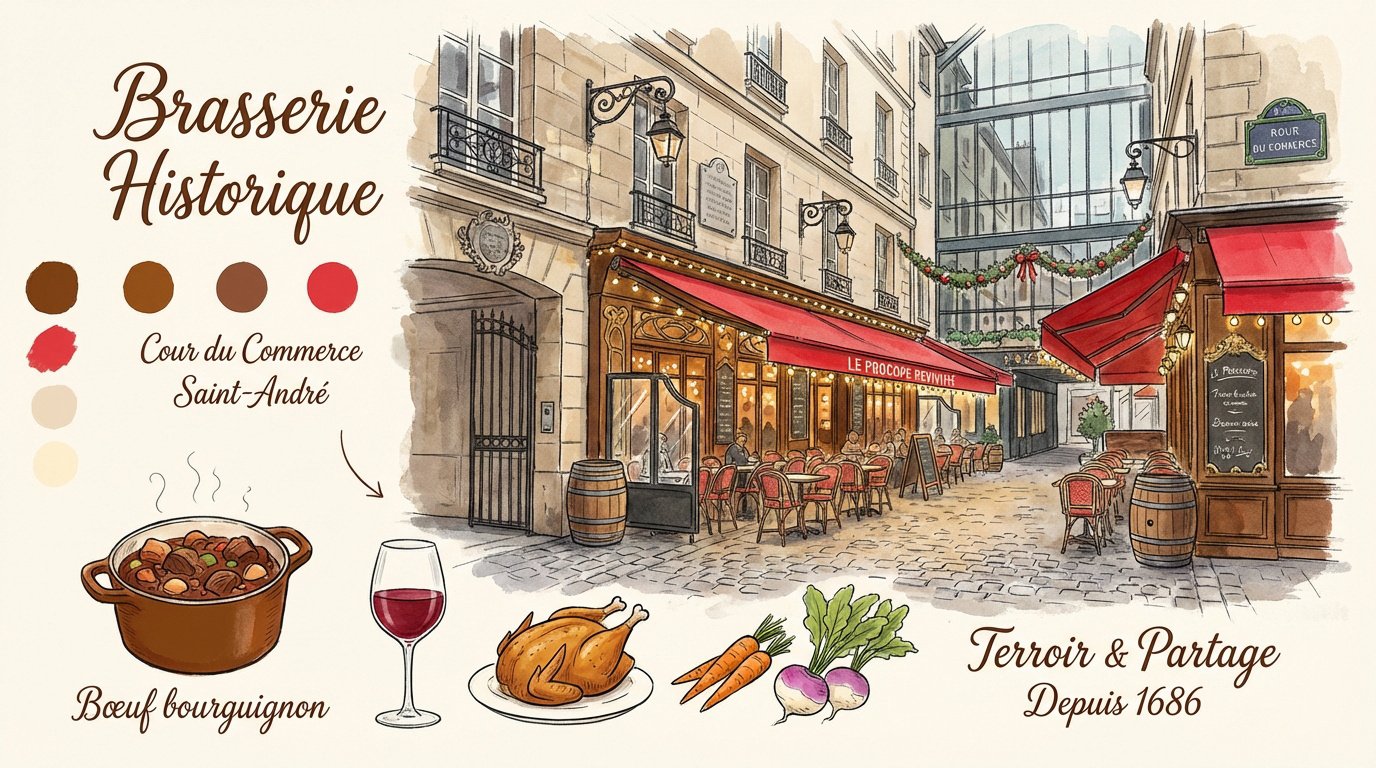 Façade historique de la Brasserie des Prés dans la Cour du Commerce Saint-André à Paris