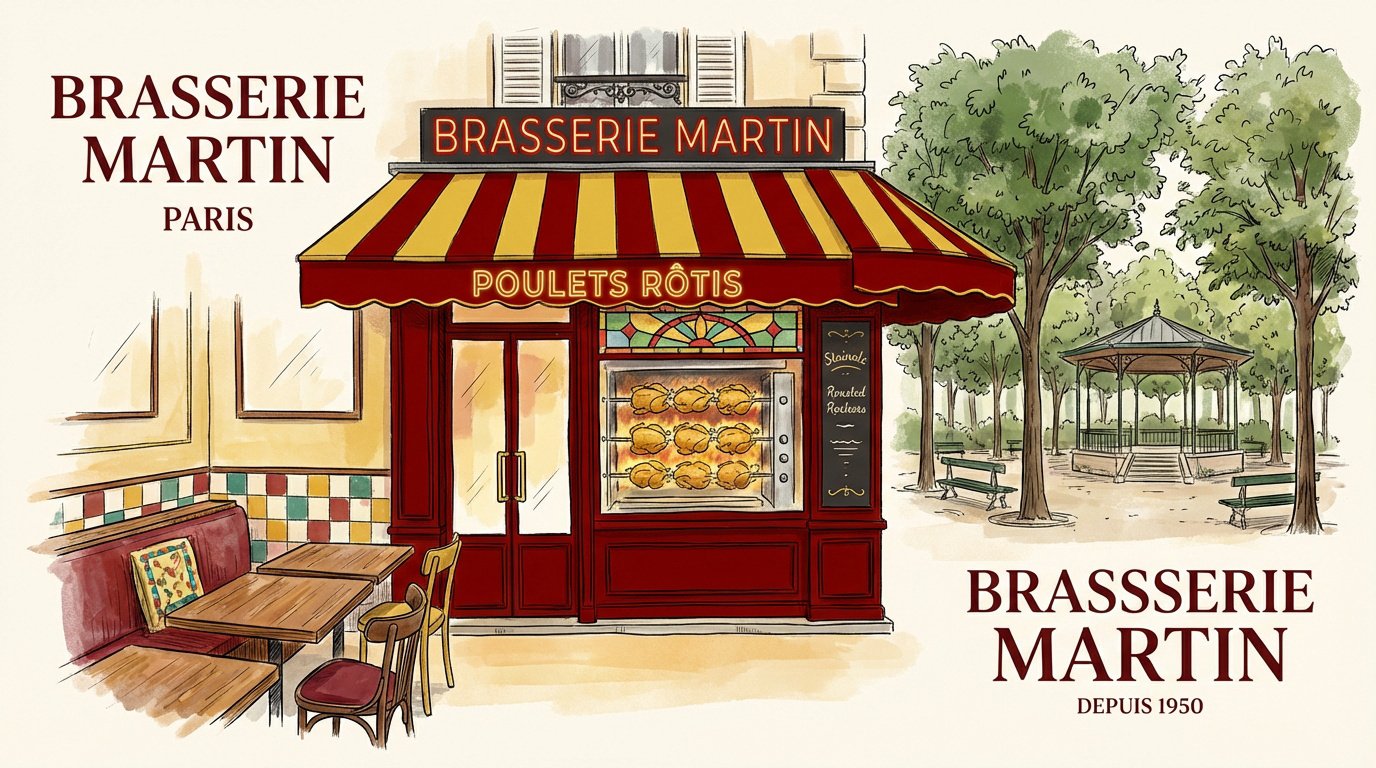 Façade colorée de la Brasserie Martin avec son auvent bicolore à Paris 11