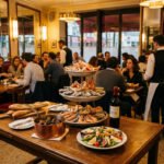 Intérieur d'une brasserie parisienne animée. Un serveur circule tandis que les clients dégustent fruits de mer, salade, pain et vin.