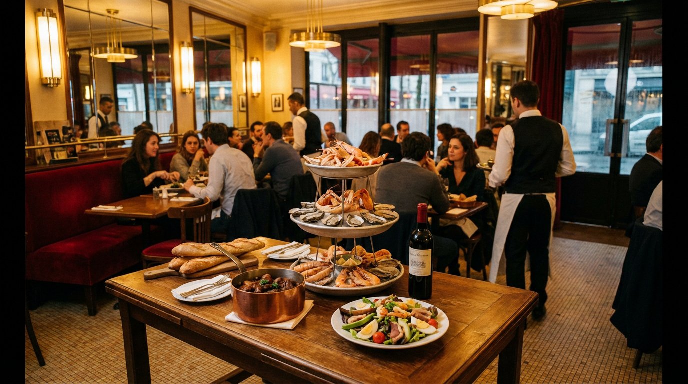 Intérieur d'une brasserie parisienne animée. Un serveur circule tandis que les clients dégustent fruits de mer, salade, pain et vin.
