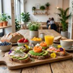 Vue d'une table de brunch au Café 52 : tartines colorées, fruits frais, jus d'orange et café, dans un décor lumineux et végétalisé.