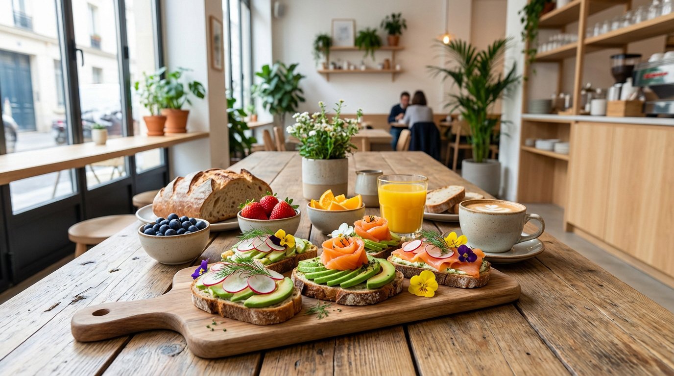 Vue d'une table de brunch au Café 52 : tartines colorées, fruits frais, jus d'orange et café, dans un décor lumineux et végétalisé.