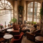 Vue intérieure d'un café-librairie parisien chaleureux avec bibliothèques, fauteuils en cuir et un homme lisant près de la fenêtre donnant sur une rue pavée.