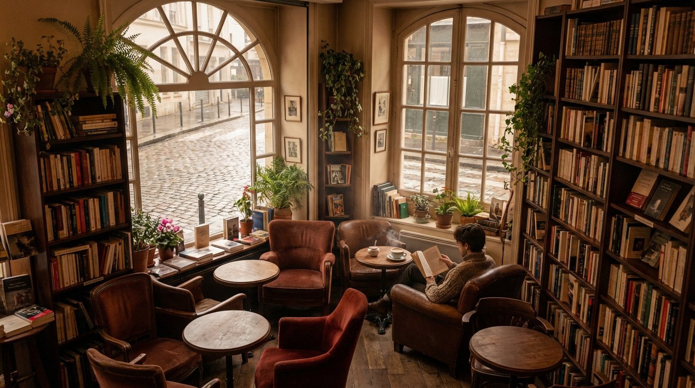 Vue intérieure d'un café-librairie parisien chaleureux avec bibliothèques, fauteuils en cuir et un homme lisant près de la fenêtre donnant sur une rue pavée.