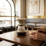 Deux mains tiennent un café latte sur une table en bois. À côté, un café filtre coule dans une carafe en verre. Intérieur lumineux d'un café.
