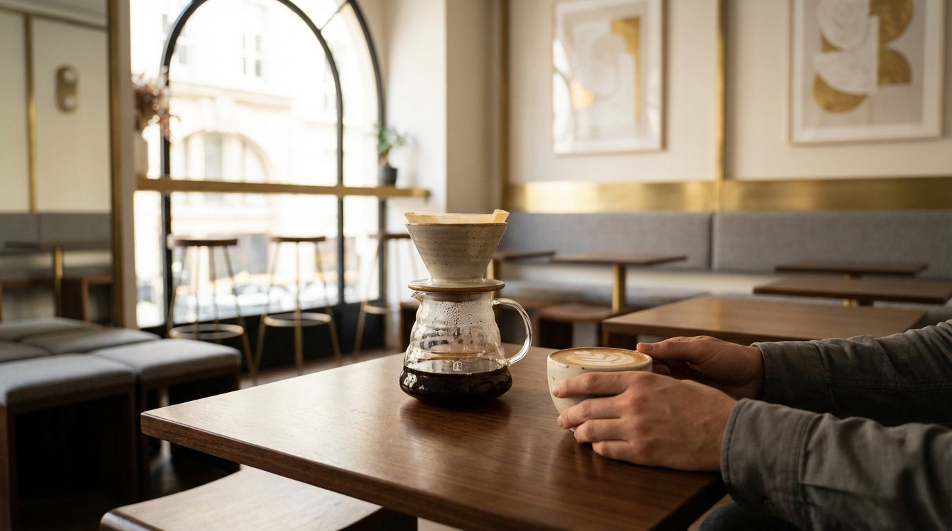 Deux mains tiennent un café latte sur une table en bois. À côté, un café filtre coule dans une carafe en verre. Intérieur lumineux d'un café.