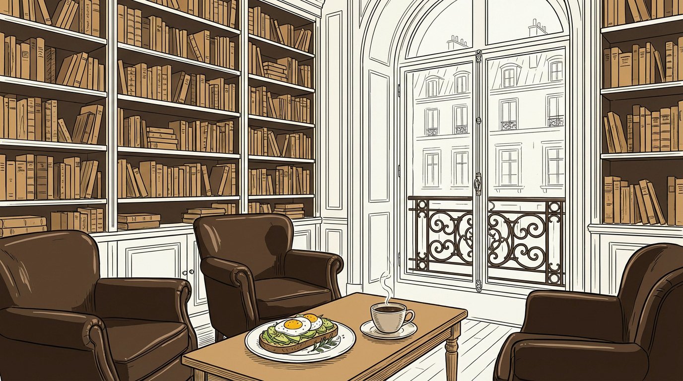 Ambiance chaleureuse du Used Book Café avec ses étagères de livres anciens