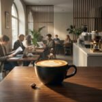 Une tasse de café latte art sur une table en bois, avec un salon de café moderne parisien animé en arrière-plan.