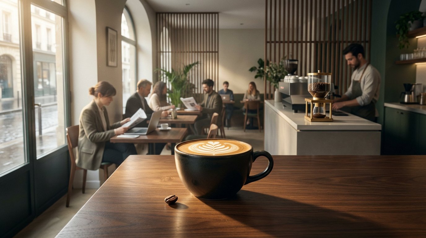 Une tasse de café latte art sur une table en bois, avec un salon de café moderne parisien animé en arrière-plan.