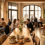 Intérieur lumineux d'un café animé à Paris, avec clients discutant, travaillant sur laptops et dégustant des toasts et cafés.