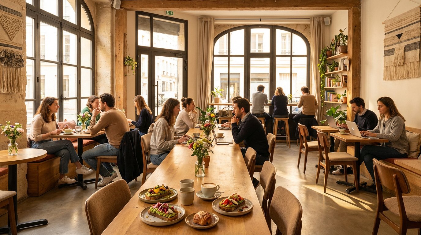 Intérieur lumineux d'un café animé à Paris, avec clients discutant, travaillant sur laptops et dégustant des toasts et cafés.