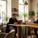 Intérieur d'un café parisien lumineux. Deux personnes travaillent sur ordinateurs, tasses de café. Ambiance calme et studieuse.