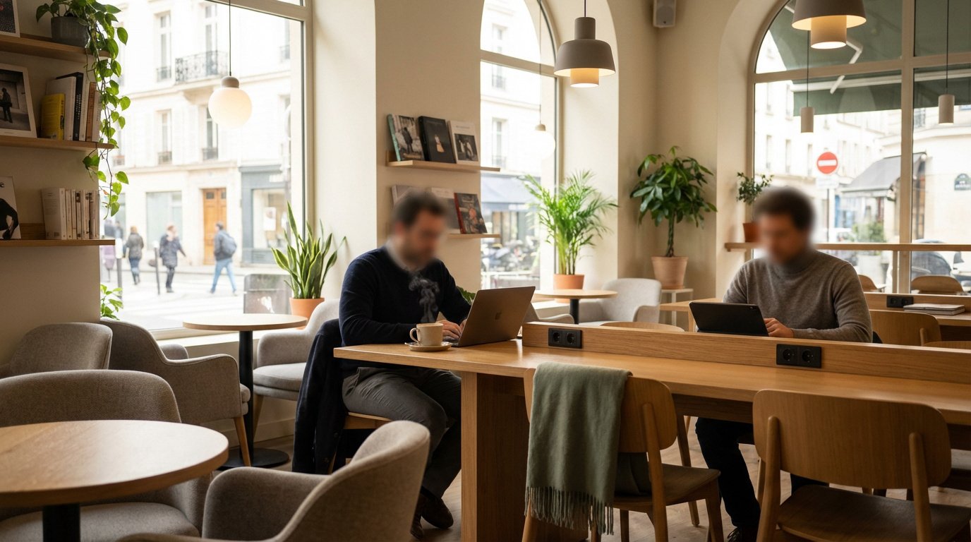 Intérieur d'un café parisien lumineux. Deux personnes travaillent sur ordinateurs, tasses de café. Ambiance calme et studieuse.