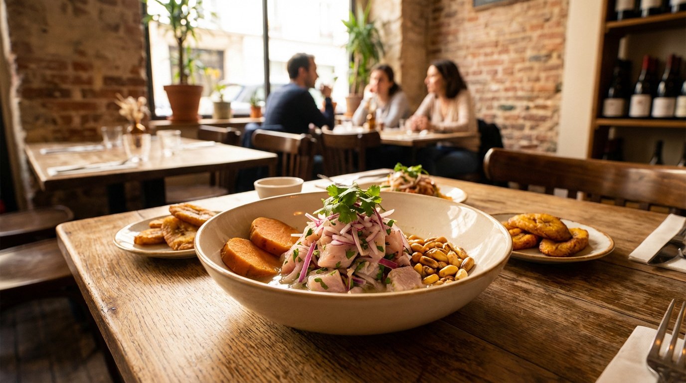 Gros plan sur un bol de ceviche équatorien avec patates douces et maïs grillé, accompagné de bananes plantains frites. Des clients déjeunent en arrière-plan.