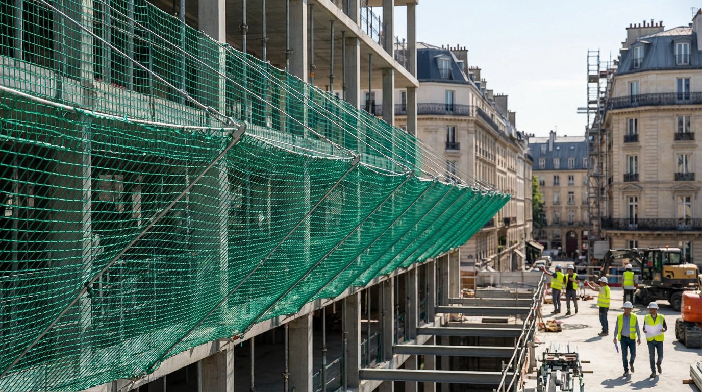 Filets de sécurité verts sur un bâtiment en construction à Paris, avec des ouvriers et des bâtiments haussmanniens en arrière-plan.