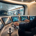 Opérateur dans un simulateur de métro futuriste, manipulant des commandes et consultant des écrans cartographiques. Vue d'une station de métro.
