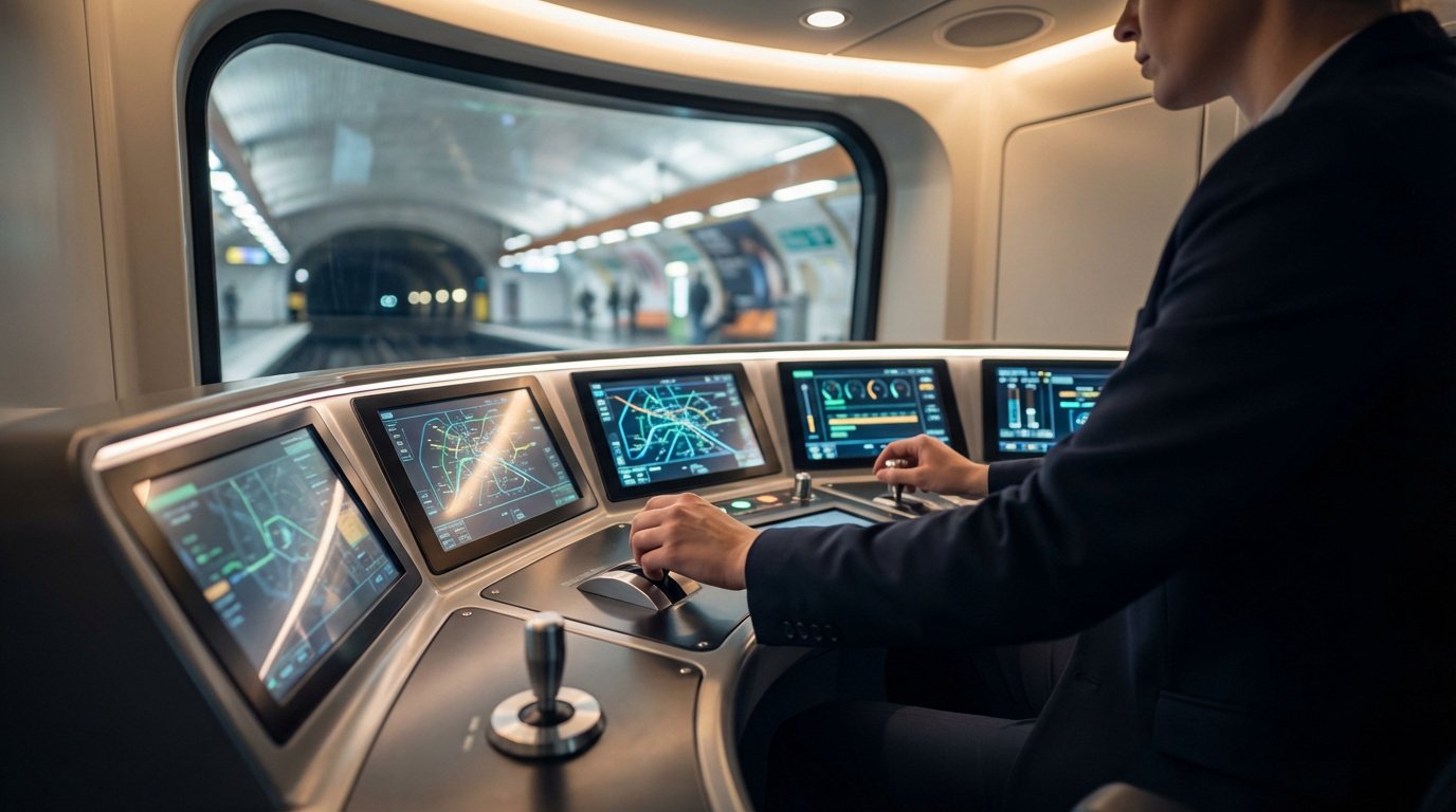 Opérateur dans un simulateur de métro futuriste, manipulant des commandes et consultant des écrans cartographiques. Vue d'une station de métro.
