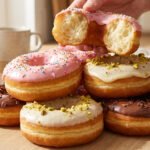 Main tenant un donut rose cassé, révélant la mie aérée, au-dessus de plusieurs donuts glacés (chocolat, pistache, rose) sur table en bois.