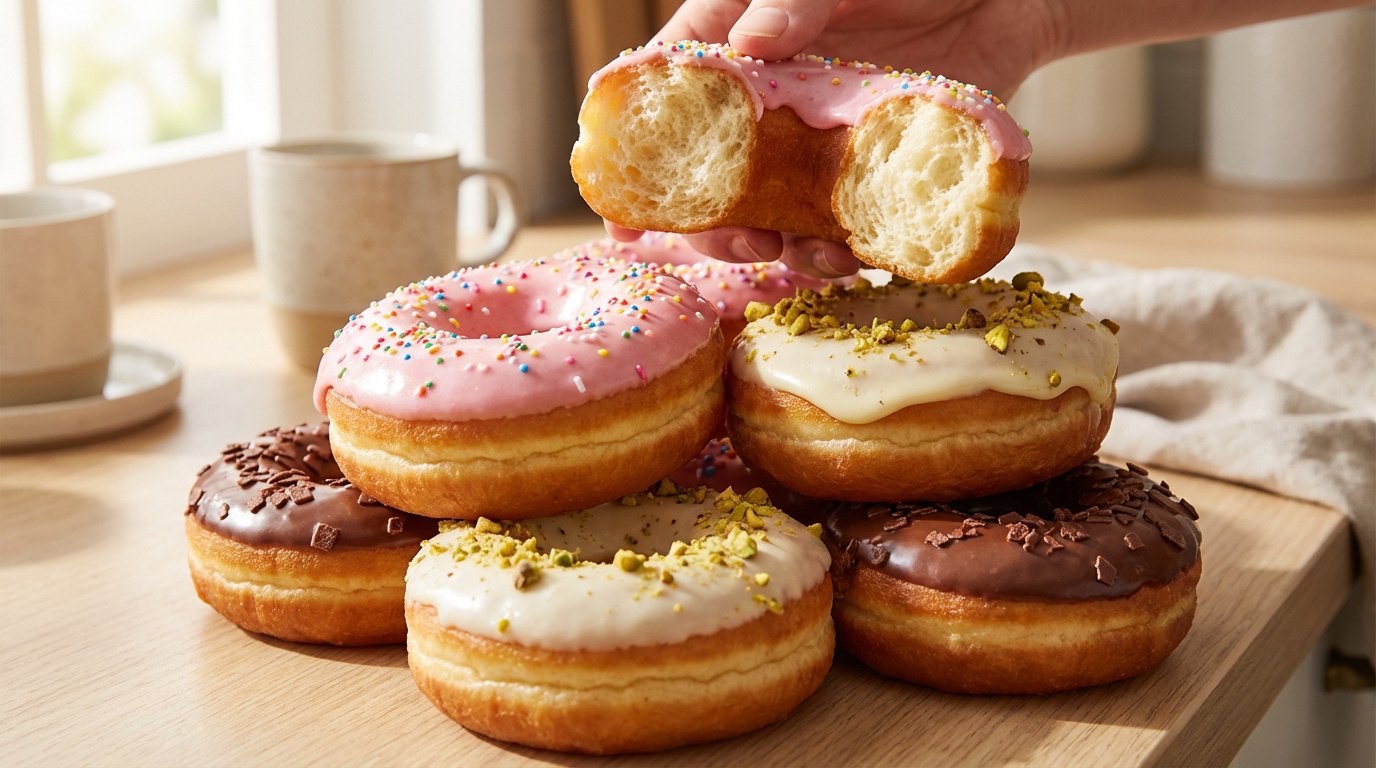 Main tenant un donut rose cassé, révélant la mie aérée, au-dessus de plusieurs donuts glacés (chocolat, pistache, rose) sur table en bois.