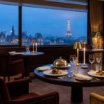 Vue panoramique sur Paris depuis un restaurant de luxe, la Tour Eiffel éclairée, tables dressées pour un dîner raffiné.