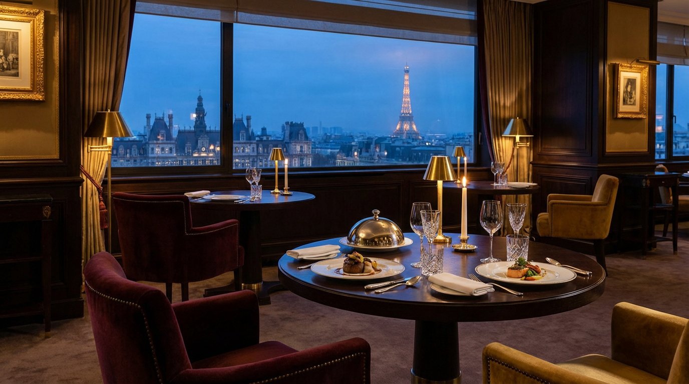 Vue panoramique sur Paris depuis un restaurant de luxe, la Tour Eiffel éclairée, tables dressées pour un dîner raffiné.