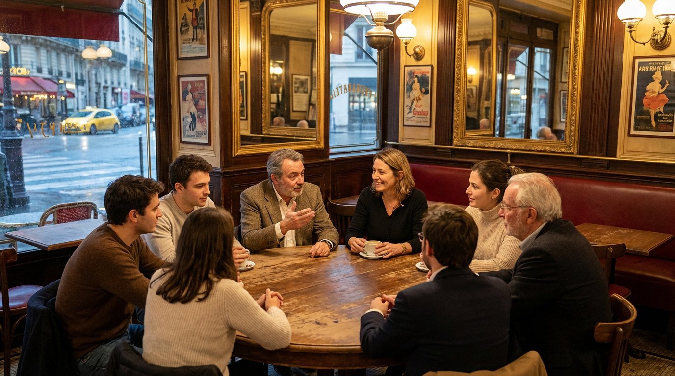 Un groupe de sept personnes débat autour d'une table en bois dans un café parisien classique avec miroirs et vue sur la rue.