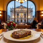 Steak appétissant sur une table en bois d'un restaurant chic. En arrière-plan, des convives et l'Opéra de Lille illuminé.
