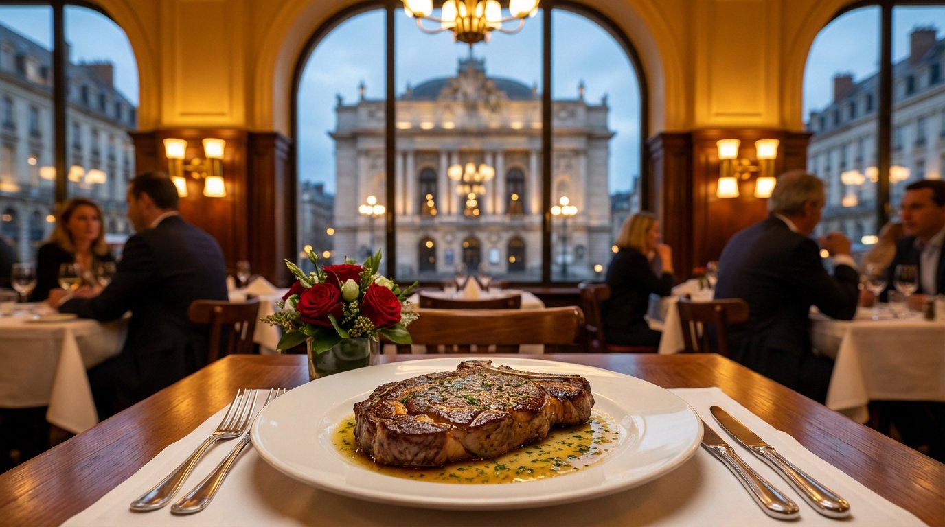 Steak appétissant sur une table en bois d'un restaurant chic. En arrière-plan, des convives et l'Opéra de Lille illuminé.