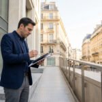 Un homme en blazer bleu utilise une tablette et un stylet pour auditer une rampe d'accès moderne dans une rue parisienne typique.