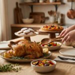 Table festive avec poulet rôti, légumes colorés, tarte aux fruits et biscuits. Des mains servent, ambiance cuisine chaleureuse.