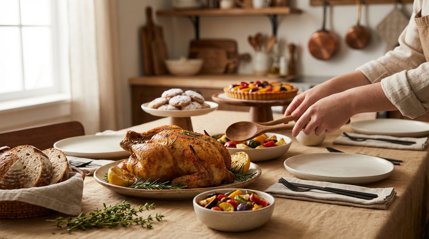 Table festive avec poulet rôti, légumes colorés, tarte aux fruits et biscuits. Des mains servent, ambiance cuisine chaleureuse.