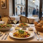Table dressée dans un restaurant parisien, avec salade, pâtes aux légumes, vin, pain. Clients et rue animée en arrière-plan.