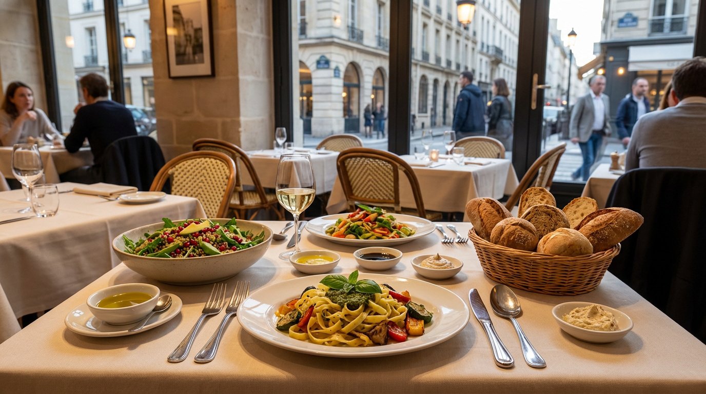 Table dressée dans un restaurant parisien, avec salade, pâtes aux légumes, vin, pain. Clients et rue animée en arrière-plan.