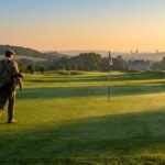 Golfeur en casquette et pull en tweed portant son sac sur un green de golf au lever du soleil. Un château et une ville sont visibles au loin.