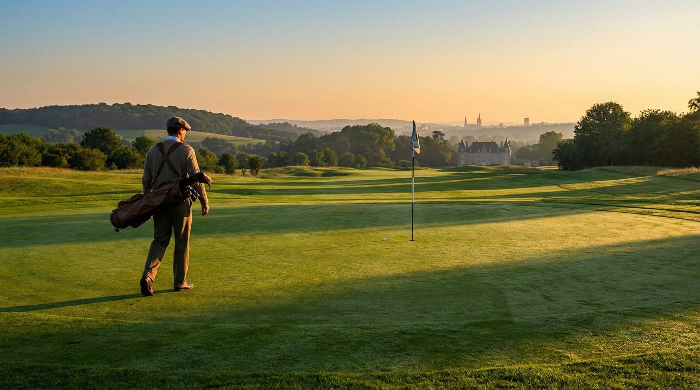 Golfeur en casquette et pull en tweed portant son sac sur un green de golf au lever du soleil. Un château et une ville sont visibles au loin.