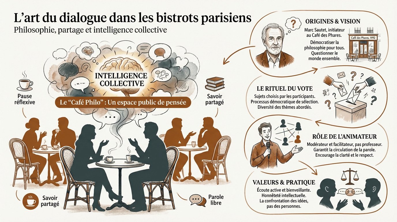 Débat philosophique animé dans un bistrot typique de Paris