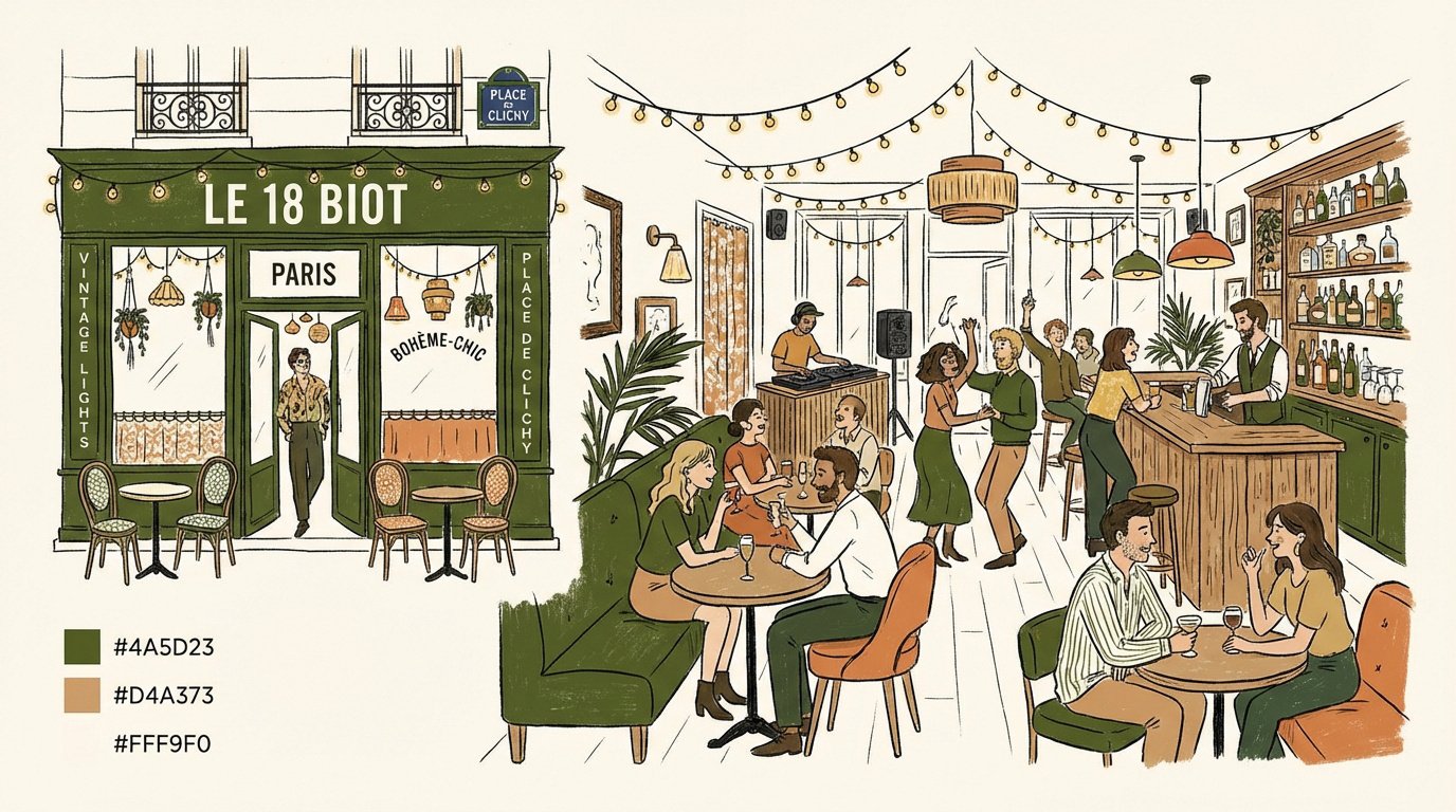 Façade bohème chic du restaurant Biotiful Batignolles au 18 rue Biot à Paris