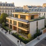 Vue aérienne d'une maison BBC moderne à Paris, avec toits végétalisés et panneaux solaires, entourée d'immeubles haussmanniens.