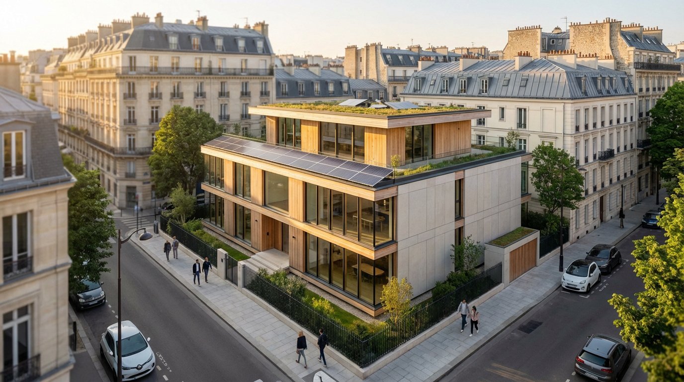 Vue aérienne d'une maison BBC moderne à Paris, avec toits végétalisés et panneaux solaires, entourée d'immeubles haussmanniens.
