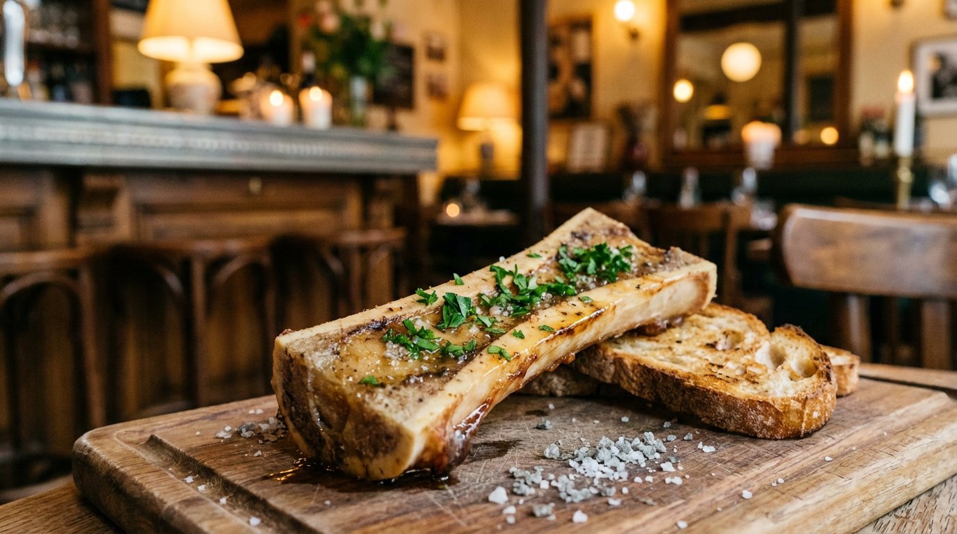 Un os à moelle rôti servi sur une planche en bois avec du persil et du pain grillé, dans un restaurant chaleureux.